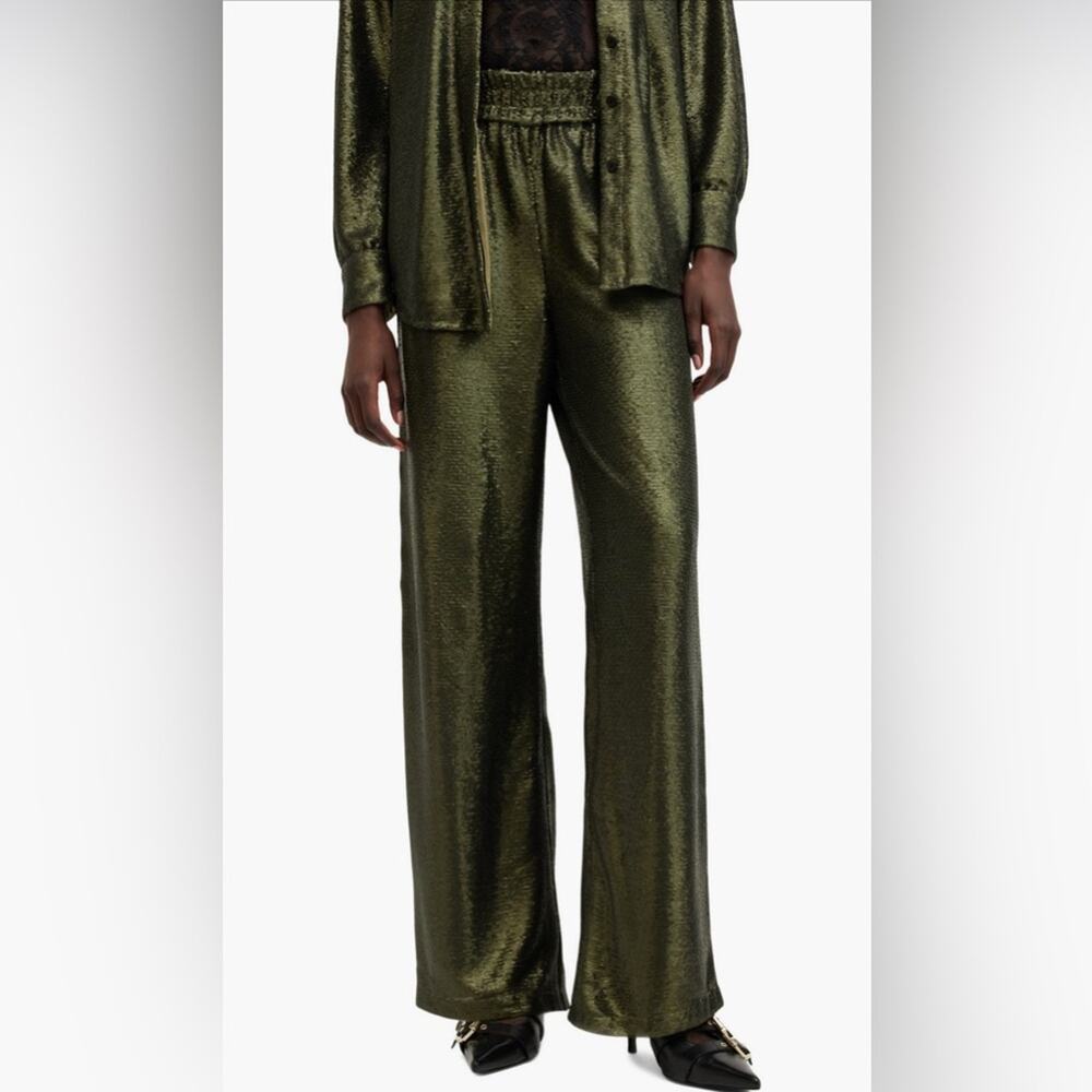All Saints Charli Sequin Wide Leg Pant Olive Green Size 6 NWT